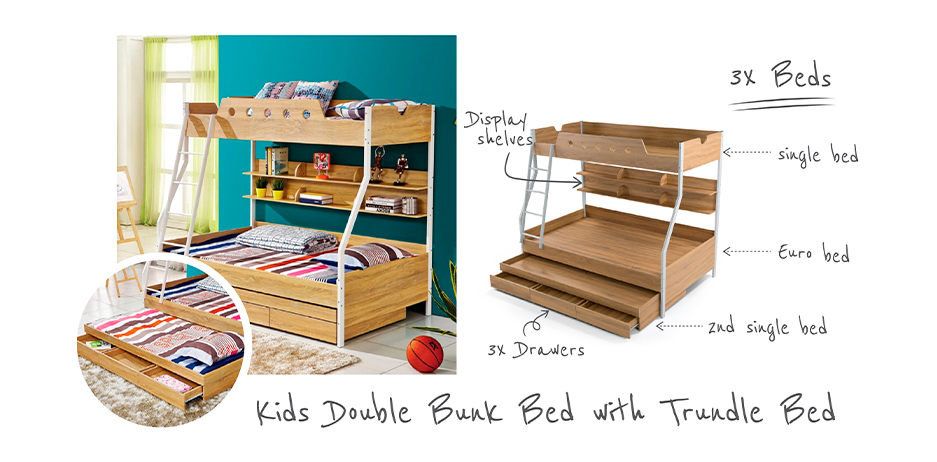Kids room with light brown bunk bed with a white steel ladder connecting top and bottom bed featuring double shelving space in between beds